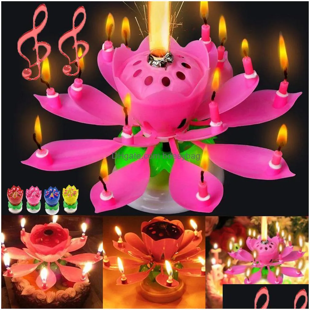 romantic musical candle lotus flower happy birthday art lights for diy cake decoration kids gift wedding party