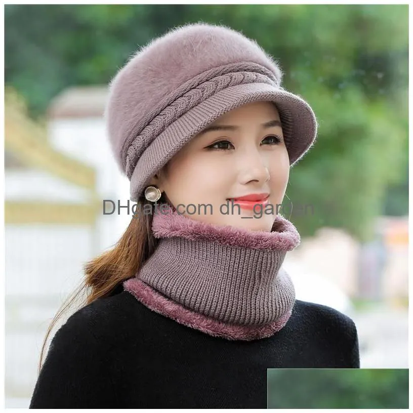 Hats & Scarves Sets Fleece Winter Beanies Lady Hat Scarf Breathable Wool Knitted Newsboy Hats For Women Neck Warm Protection Dhgarden Dh5Zg