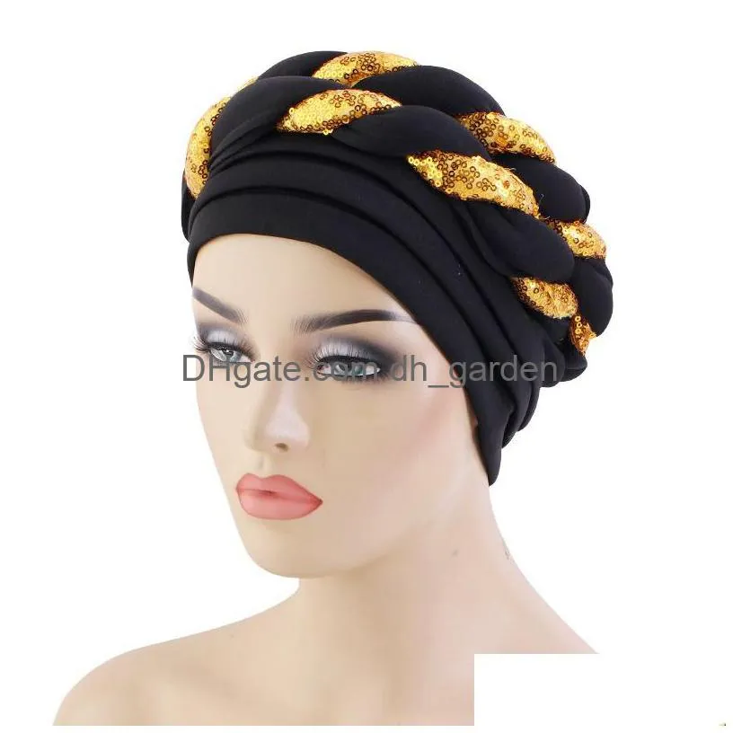 Scarves New African Sequin Braid Turban Geles Aso Okefor Headtie Women Pleated Beanie Headwrap Designer Bonnets Hair Accesso Dhgarden Dhwb9