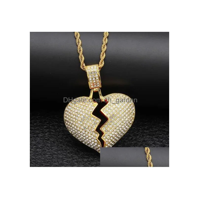 broken heart iced out pendant necklace mens bling crystal rhinestone love charm gold silver twisted chain for women hip hop jewelry