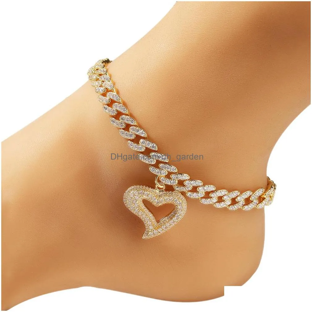 fashion womens anklets bracelet gold silver iced out cuban link chain heart anklet bracelets hip hop jewelry 9inch