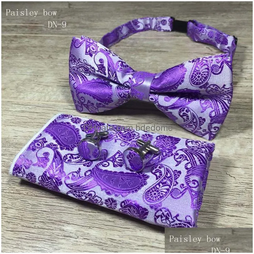 3Pcs/Set Classic Paisley Bow Ties Set Mens Fashion Bowtie Handkerchief Cufflinks Sets 17 Styles Wedding Party Business Drop Delivery Dhsnp