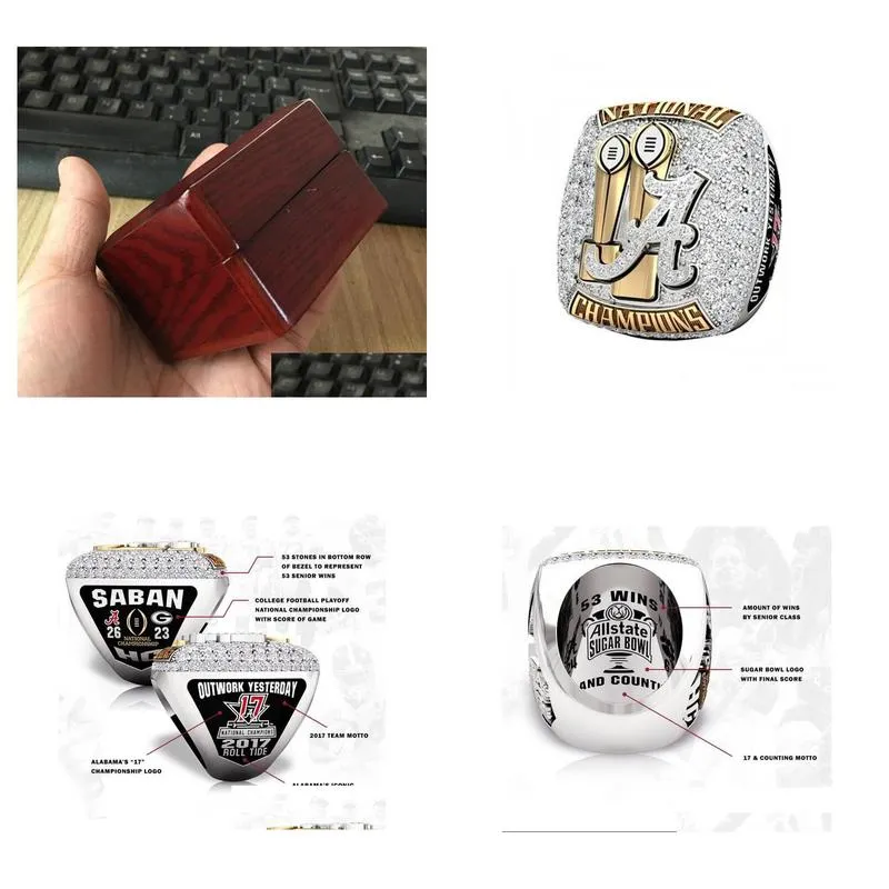 fashion alabama 2018 crimson tide national football championship ring with wooden box souvenir men fan gift 2019 2020