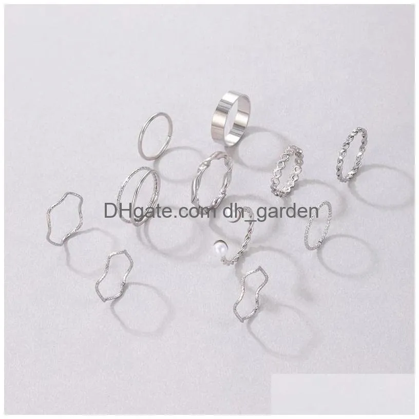 Cluster Rings Simple Style Sivler Color Joint Ring Sets For Women Men Hip Hop Pearl Stone Opening Jewelry 11Pcs/Sets Drop De Dhgarden Dhqow