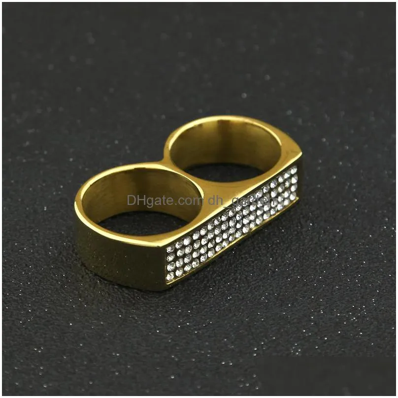 hip hop rhinestone twofinger ring for mens geometric glossy gold plated stainless steel simple rings fashion jewelry