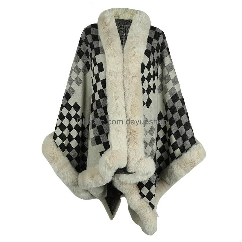 5 Colors Womens Fur Collar Cape Thickened Warm Plaid Cloak Autumn/Winter Plush Hem Knit Drop Delivery Dhe1D