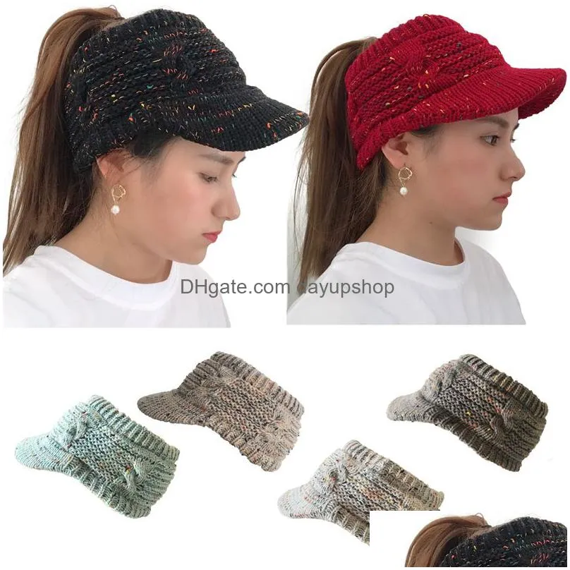 6 Colors Knitted Hat With Brim Empty Top Duck Tongue Ponytail Womens Drop Delivery Dhq1G