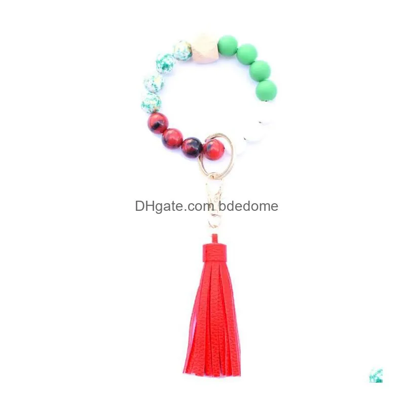 36 Colors Food Grade Acrylic Beads Tassels Bracelet Keychain Wooden Bead Bracelets Key Ring Pu Tassel Anti-Lose Keyring Drop Delivery Dhl2M