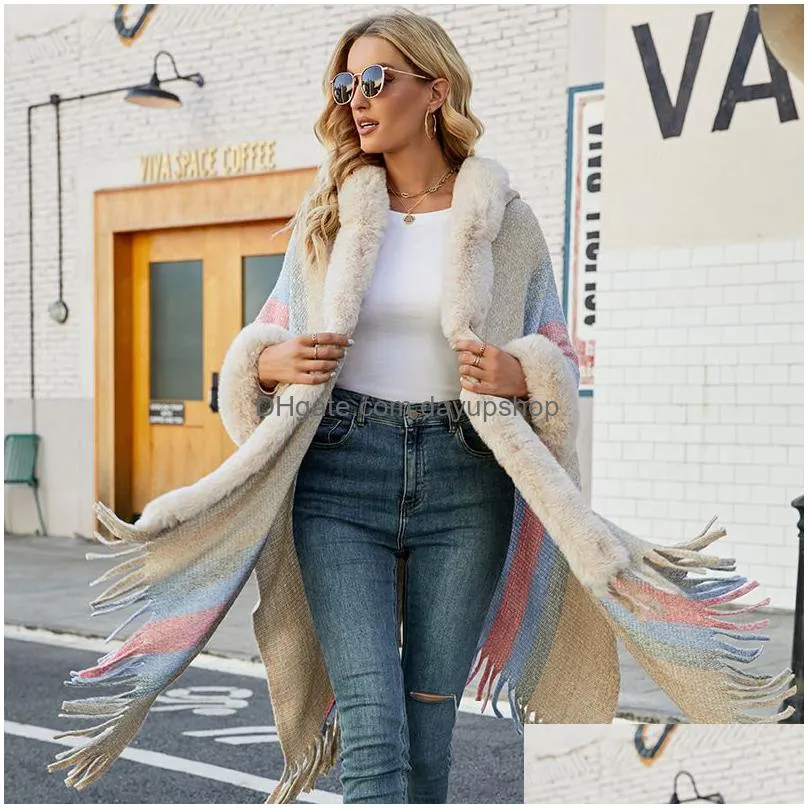 Autumn/Winter Fashion Furry Hooded Cape Warm Striped Knitted Fringe With Thick Fur Collar Drop Delivery Dhnkp