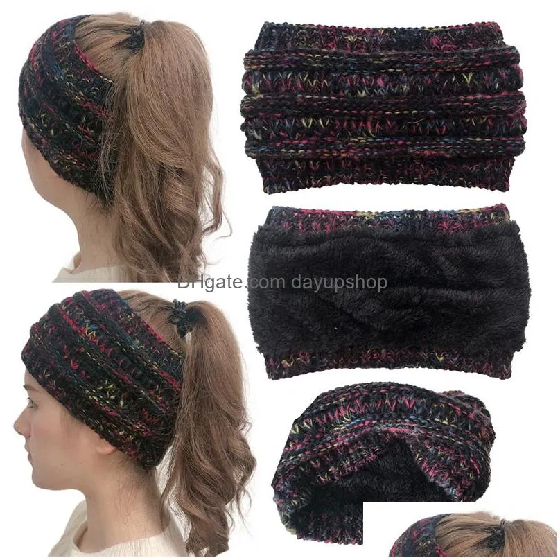 8 Colors Plush Fleece Knitted Headband Hat Autumn-Winter Warm Ponytail Womens Casual Drop Delivery Dh0Qo