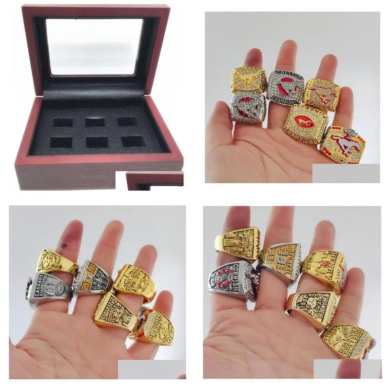 6pcs calgary stampeders grey cup championship ring set with wooden display box case men fan souvenir gift wholesale 2019 drop shipping
