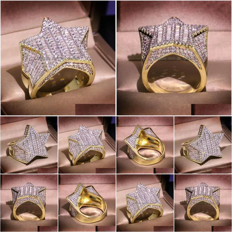 mens iced out gold rings fivepointed star full diamond stones rings hip hop ring jewelry