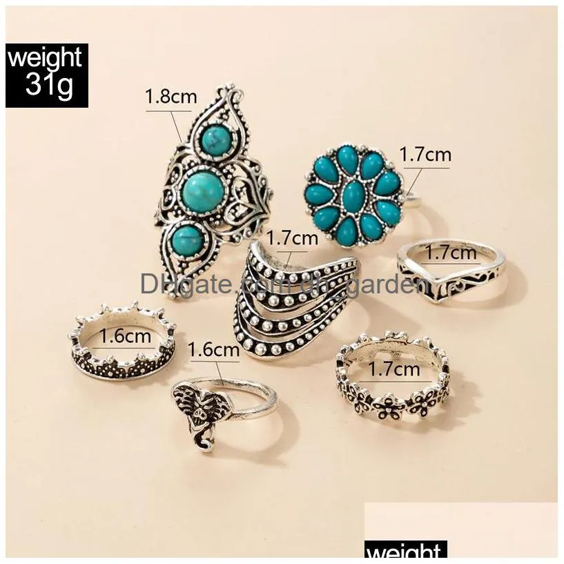 Cluster Rings Blue Rhinestone Elephant Ancient Sier Color Ring Sets For Women Men Crown Flowers Hollow Out Jewelry Drop Deli Dhgarden Dhsxp