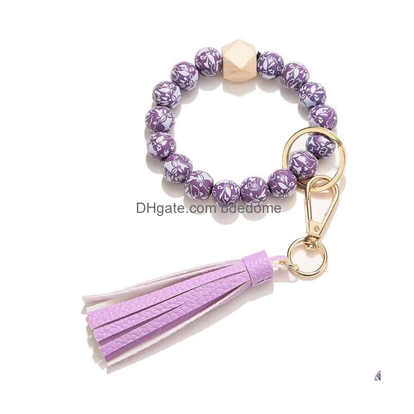 Fashion Flower Pattern Wood Beads Bracelets Keychains Leather Wrap Tassels Bracelet Keychain Round Bangle Keyring Drop Delivery Dh2Pz