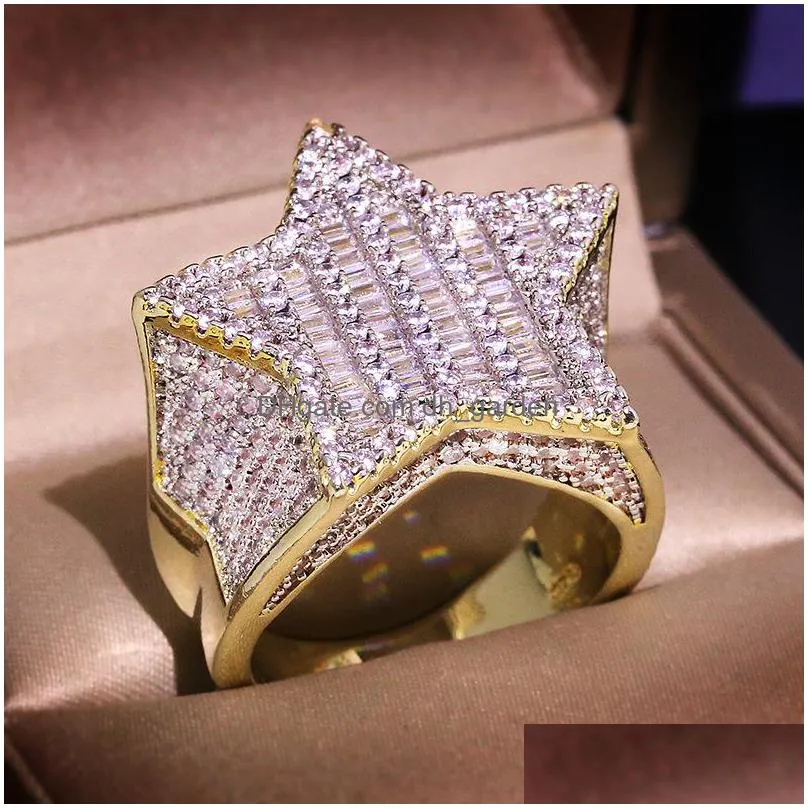 mens iced out gold rings fivepointed star full diamond stones rings hip hop ring jewelry