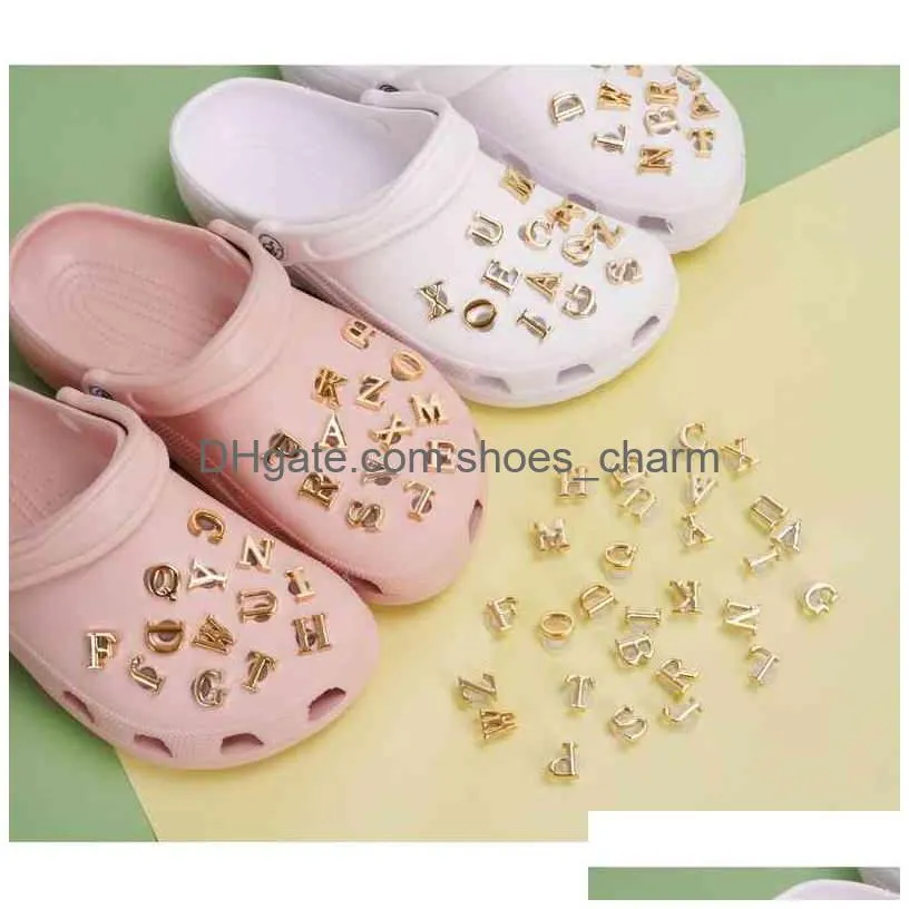 26 piece golden metal english letters charms designer diy shoes decaration for croc jibbi clogs kids boys women girls gifts