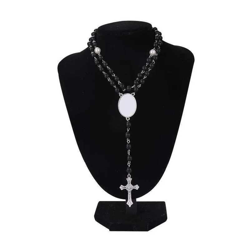 2022 trendy sublimation blank rosary necklace cross pendant necklace with oval insert diy p os gift