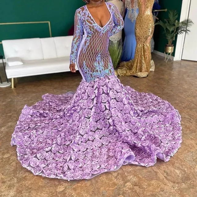 2023 Aso Ebi Lilac Mermaid Prom Dress Sequined Lace Evening Formal Party Second Reception Birthday Engagement Gowns Dresses Robe De Soiree