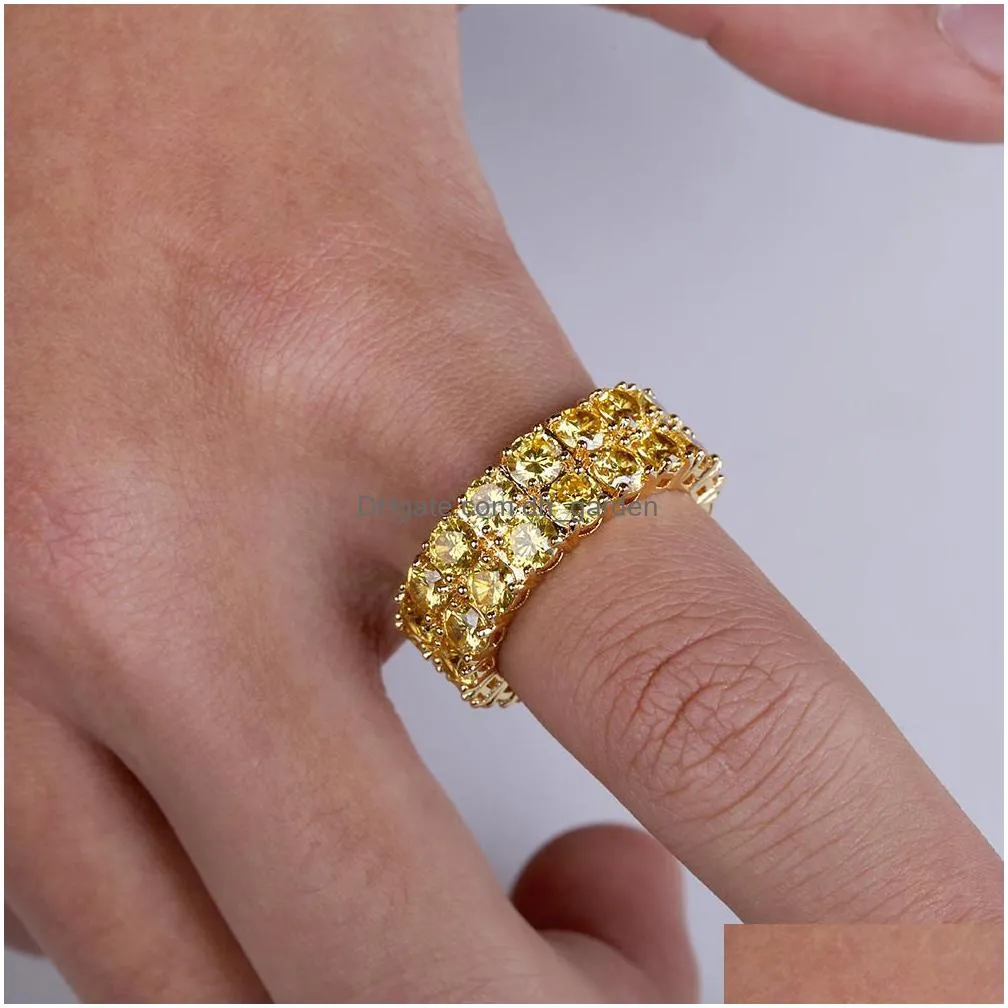 design gold color mens ring micro pave 2 row chain big 3a gold zircon shiny hip hop finger rings for men women jewelry