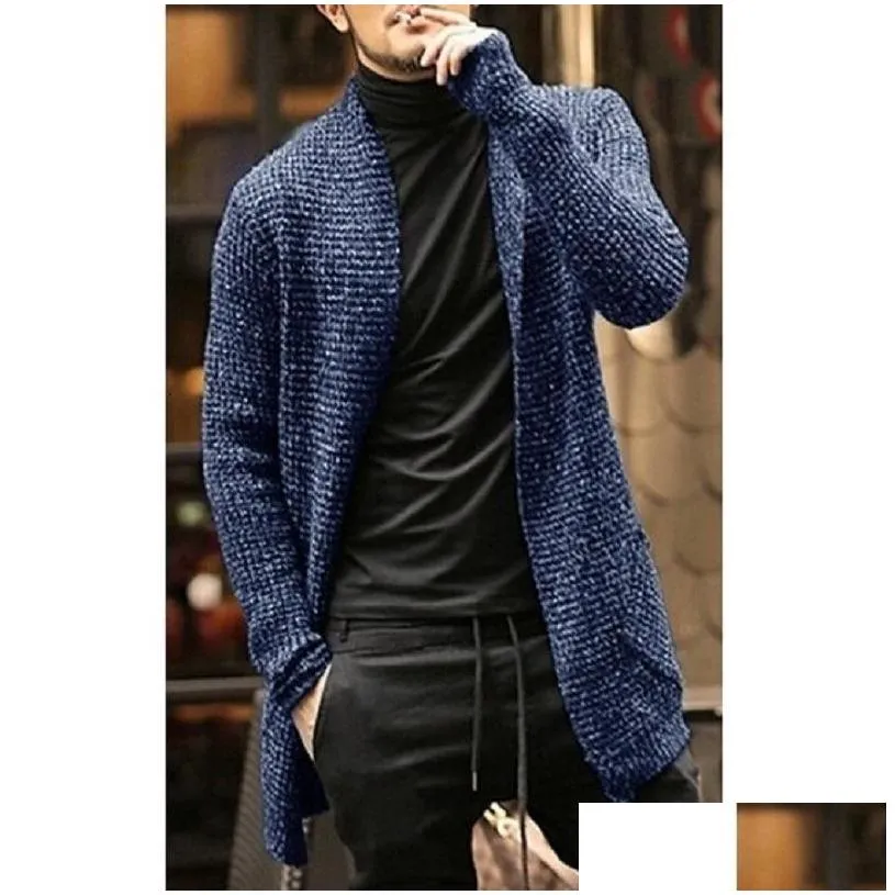 knitted cardigan men autumn mens long sweater jacket casual slim fit trench knitwear sweaters streetwear tops gray 201210