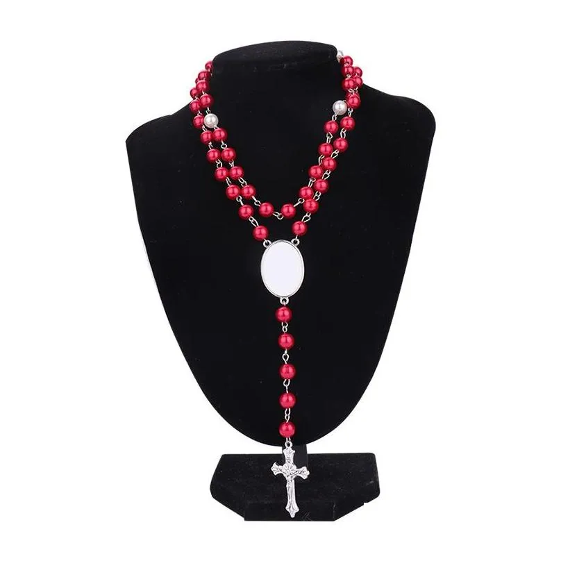 2022 trendy sublimation blank rosary necklace cross pendant necklace with oval insert diy p os gift