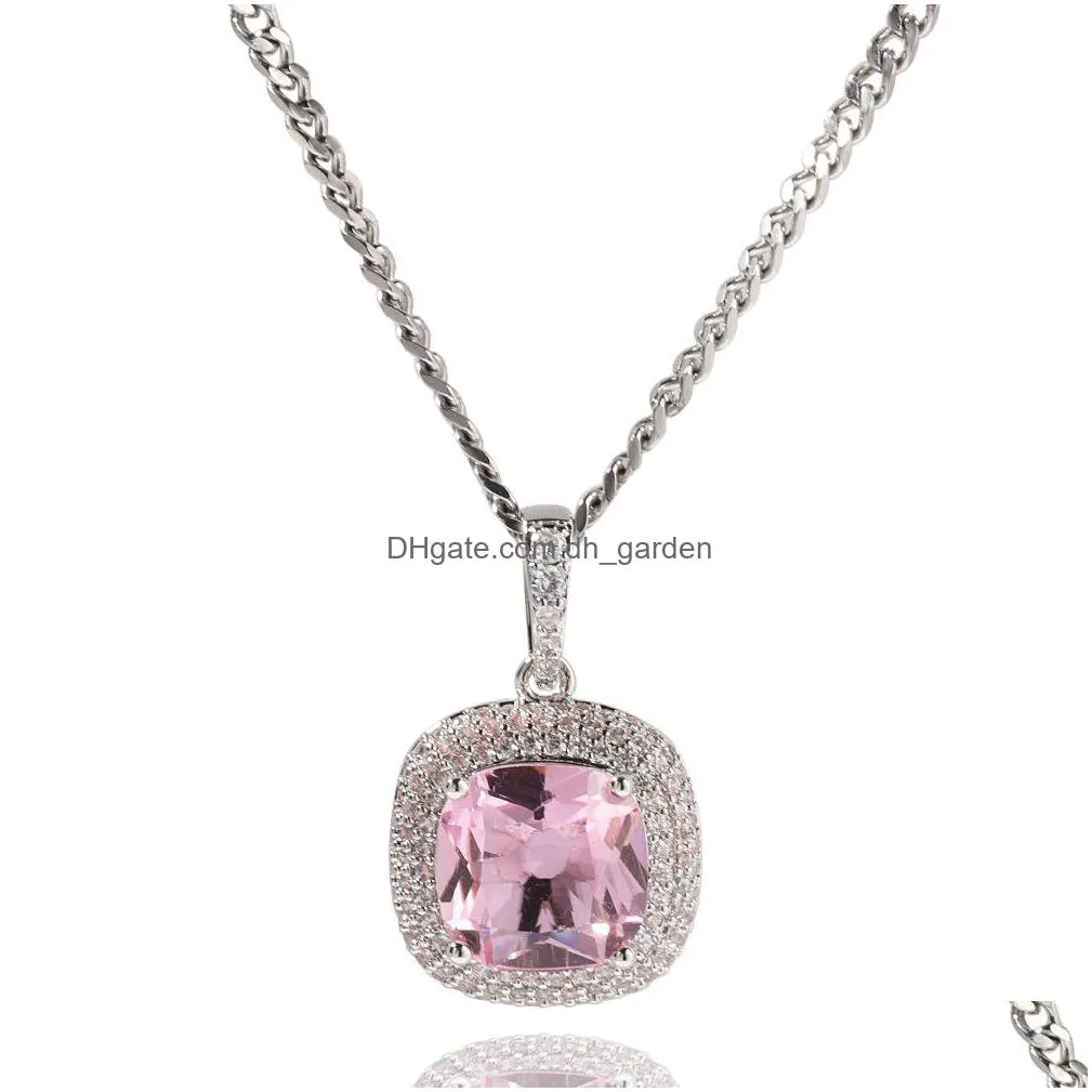 mens hip hop necklace jewlery pink gemstone pendant necklaces silver iced out pendant