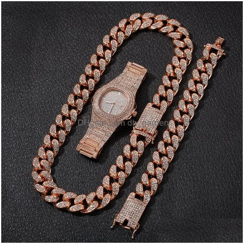 hip hop bling chains jewelry men necklace iced out diamond  cuban chain rose gold silver watch necklaces bracelet set