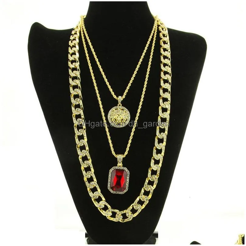 mens hip hop necklace ruby pendant necklaces fashion cuban link chain jewelry 3pcs/set