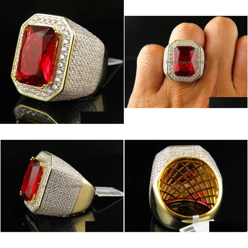 mens hip hop ring jewelry high quality ruby gemstone diamond fashion iced out gold punk rings