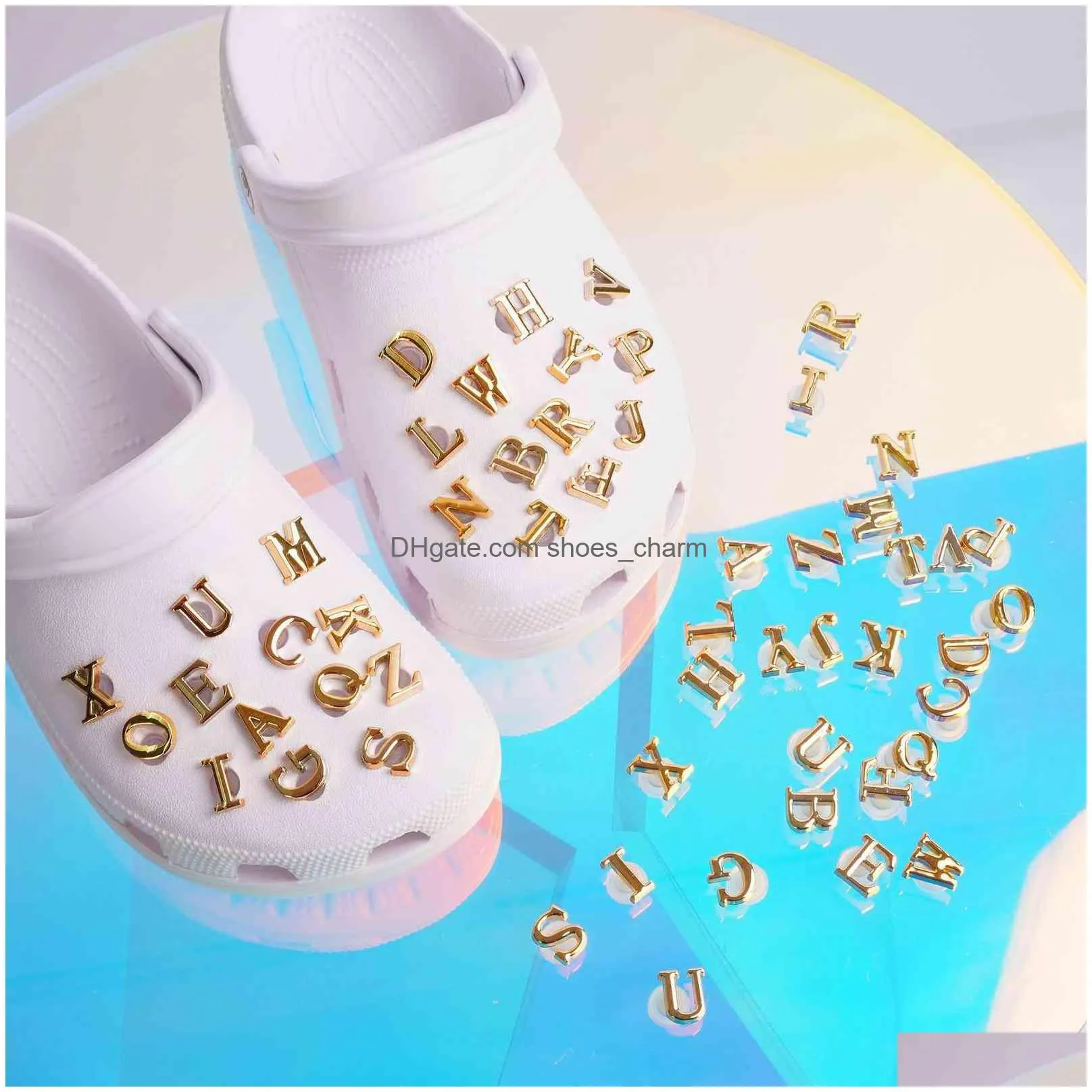 26 piece golden metal english letters charms designer diy shoes decaration for croc jibbi clogs kids boys women girls gifts