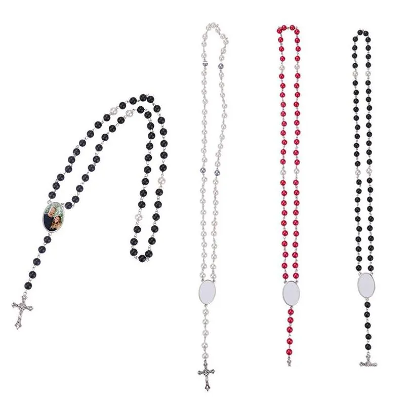 2022 trendy sublimation blank rosary necklace cross pendant necklace with oval insert diy p os gift