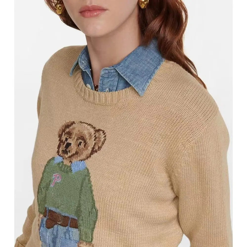 New polos T-shirt Little Bear Embroidered Cotton Blended Knitwear Women`s Round Neck Pullover Sweater Versatile Fashion Top