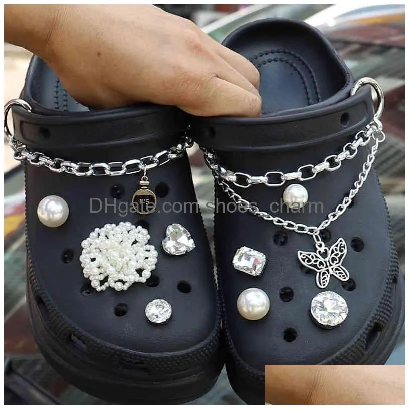 classic iron chain pearl flower buckle croc charms trend crystal shoe decoration