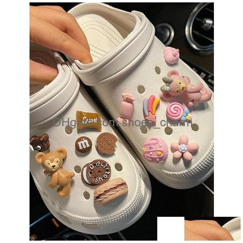cartoon bear biscuit food charms decoration kids fit croc wristbands toy diy backpack xmas gifts shoe buckle accessories