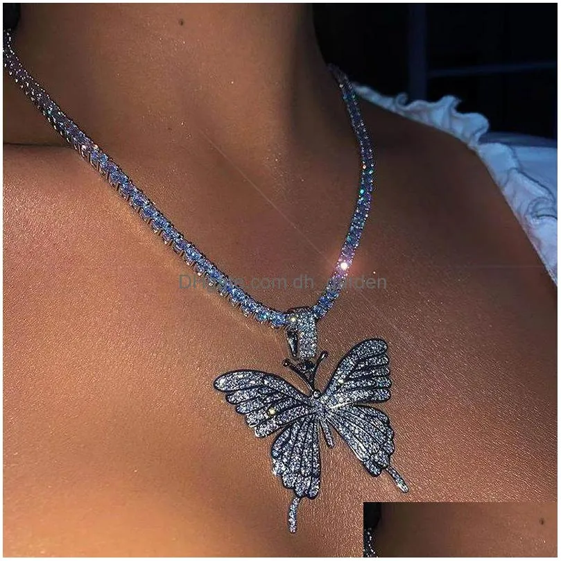 iced out butterfly pendant necklace gold silver tennis chain mens womens hip hop necklaces jewelry