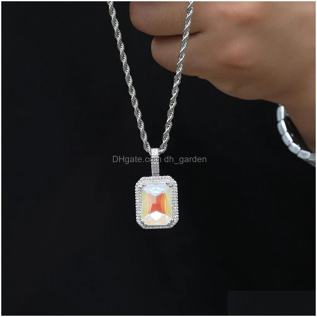 mens hip hop necklace jewelry fashion fluorescent square gem pendant red pink gemstone necklaces with 3mmx24inch twist chain