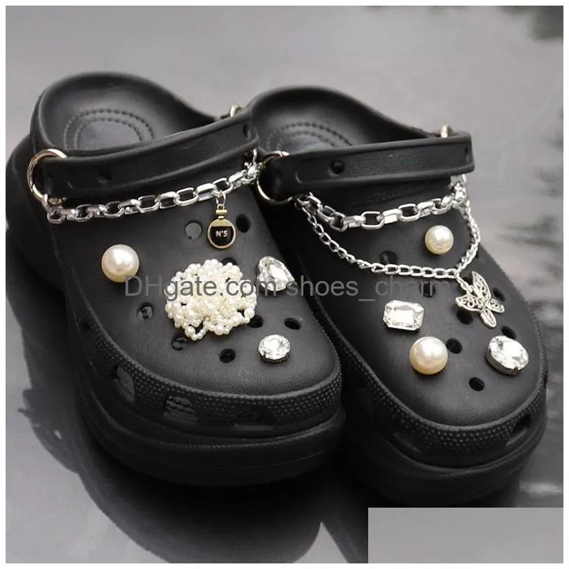 classic iron chain pearl flower buckle croc charms trend crystal shoe decoration