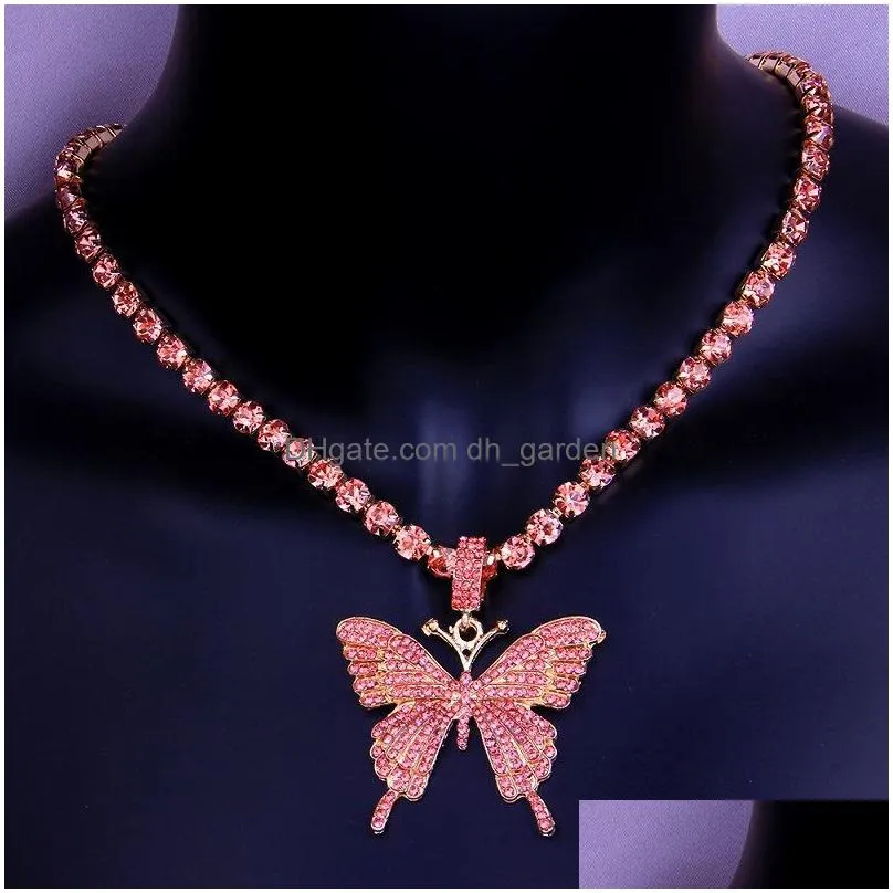 iced out butterfly pendant necklace gold silver tennis chain mens womens hip hop necklaces jewelry