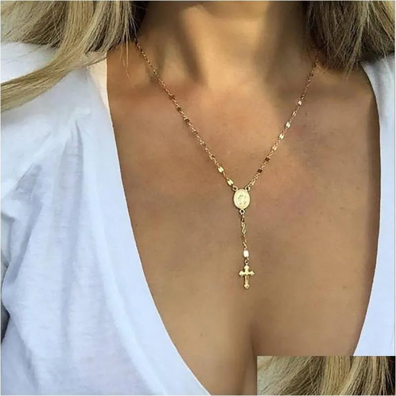 vintage gold/silver/rose gold pendant necklace christian cross bohemia religious rosary women charm jewelry gifts