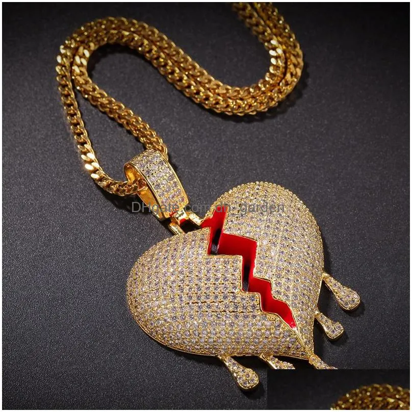 iced out broken heart pendant necklace mens womens fashion hip hop jewelry gold silver water drop necklaces