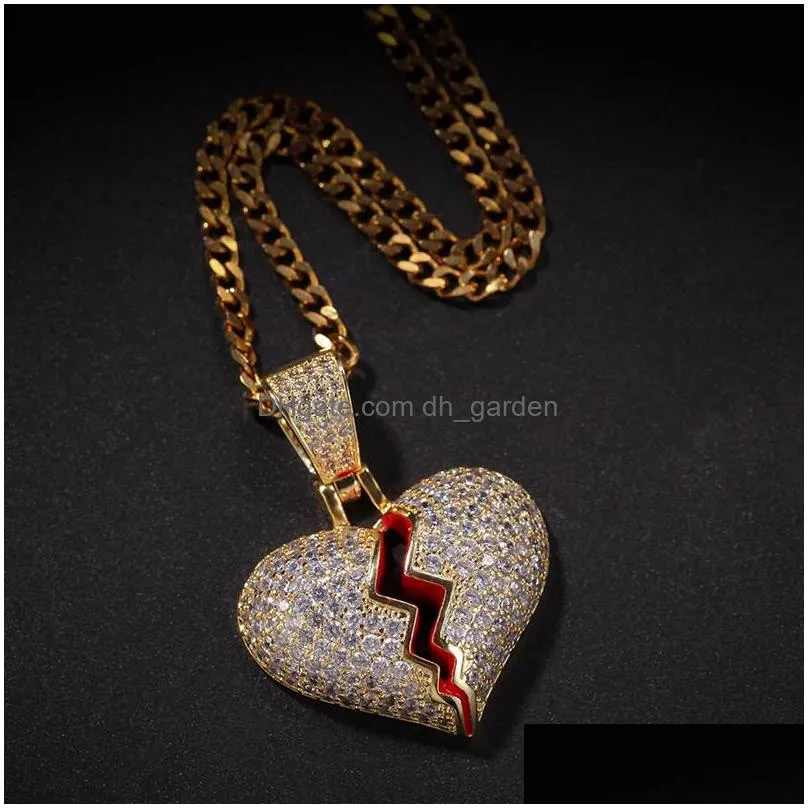 iced out broken heart pendant necklace for mens womens fashion hip hop gold silver necklaces jewelry