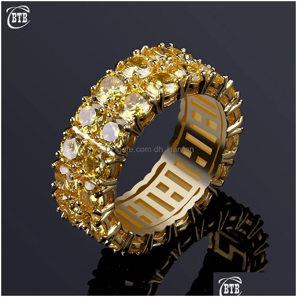 design gold color mens ring micro pave 2 row chain big 3a gold zircon shiny hip hop finger rings for men women jewelry