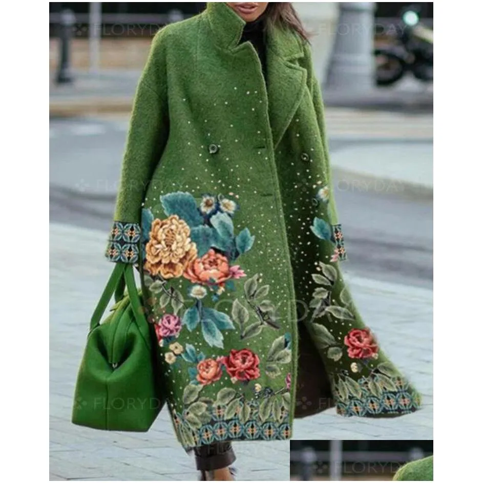 elegant autumn street lady long wool cardigan coats fashion floral print pocket longsleeve jacket winter women blend wools coat