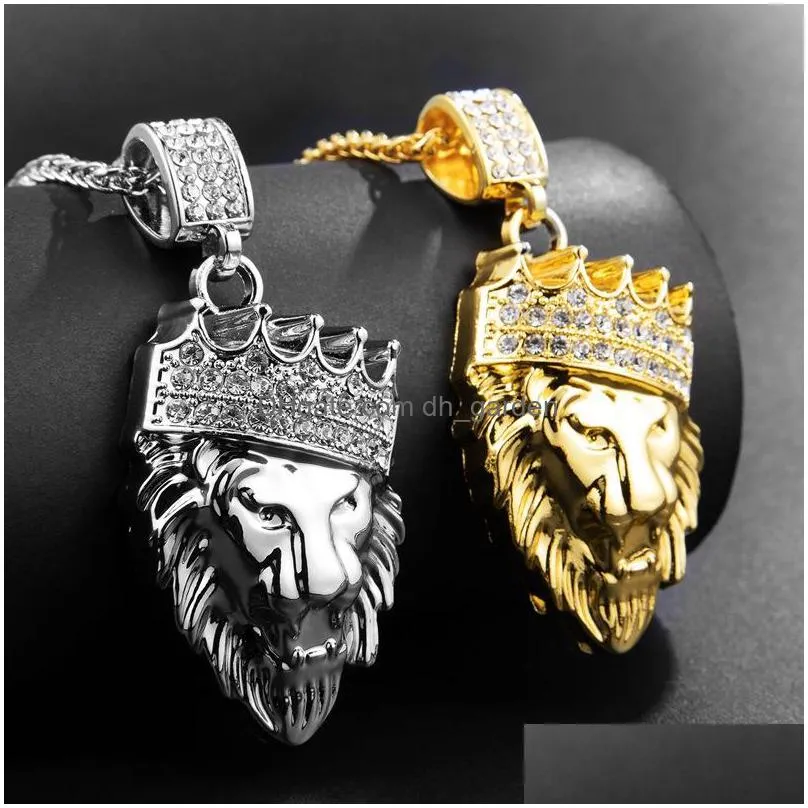 mens hip hop gold cuban link chain  head king crown pendant necklace fashion jewelry