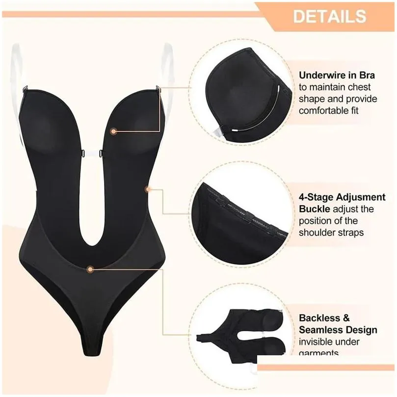 womens shapers bodysuit shapewear deep vneck body shaper backless u plunge thong waist trainer women clear strap padded push up