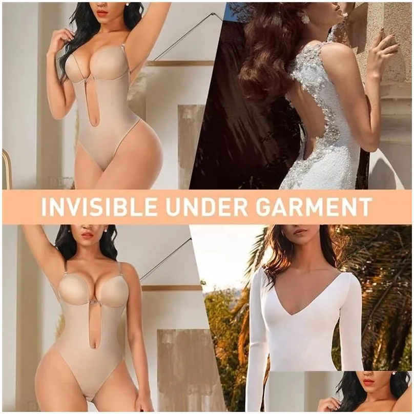 womens shapers bodysuit shapewear deep vneck body shaper backless u plunge thong waist trainer women clear strap padded push up