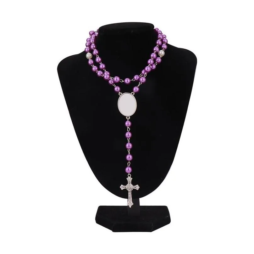 2022 trendy sublimation blank rosary necklace cross pendant necklace with oval insert diy p os gift