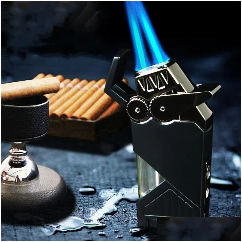 two turbo gas lighter windproof unusual funny butane metal blue flame cigar lighters gadgets for men gift smoking accessories torch