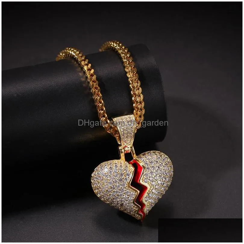 iced out broken heart pendant necklace for mens womens fashion hip hop gold silver necklaces jewelry