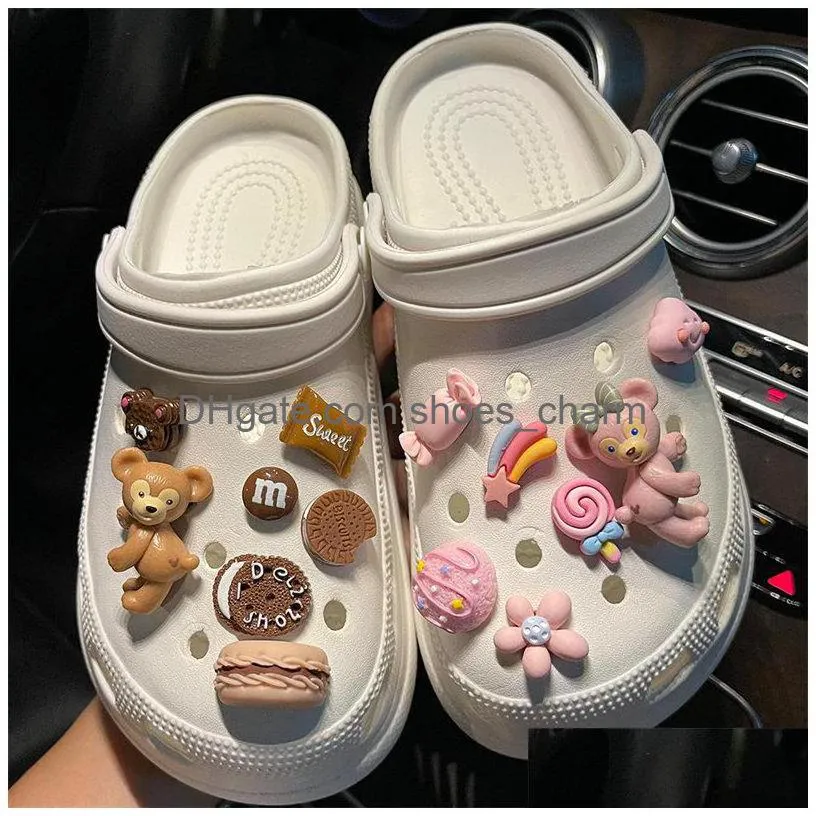 cartoon bear biscuit food charms decoration kids fit croc wristbands toy diy backpack xmas gifts shoe buckle accessories